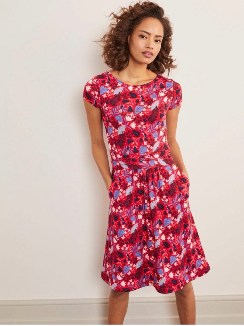 Boden Amelie Red Blue Floral Bird Jersey Knit Dress 6L